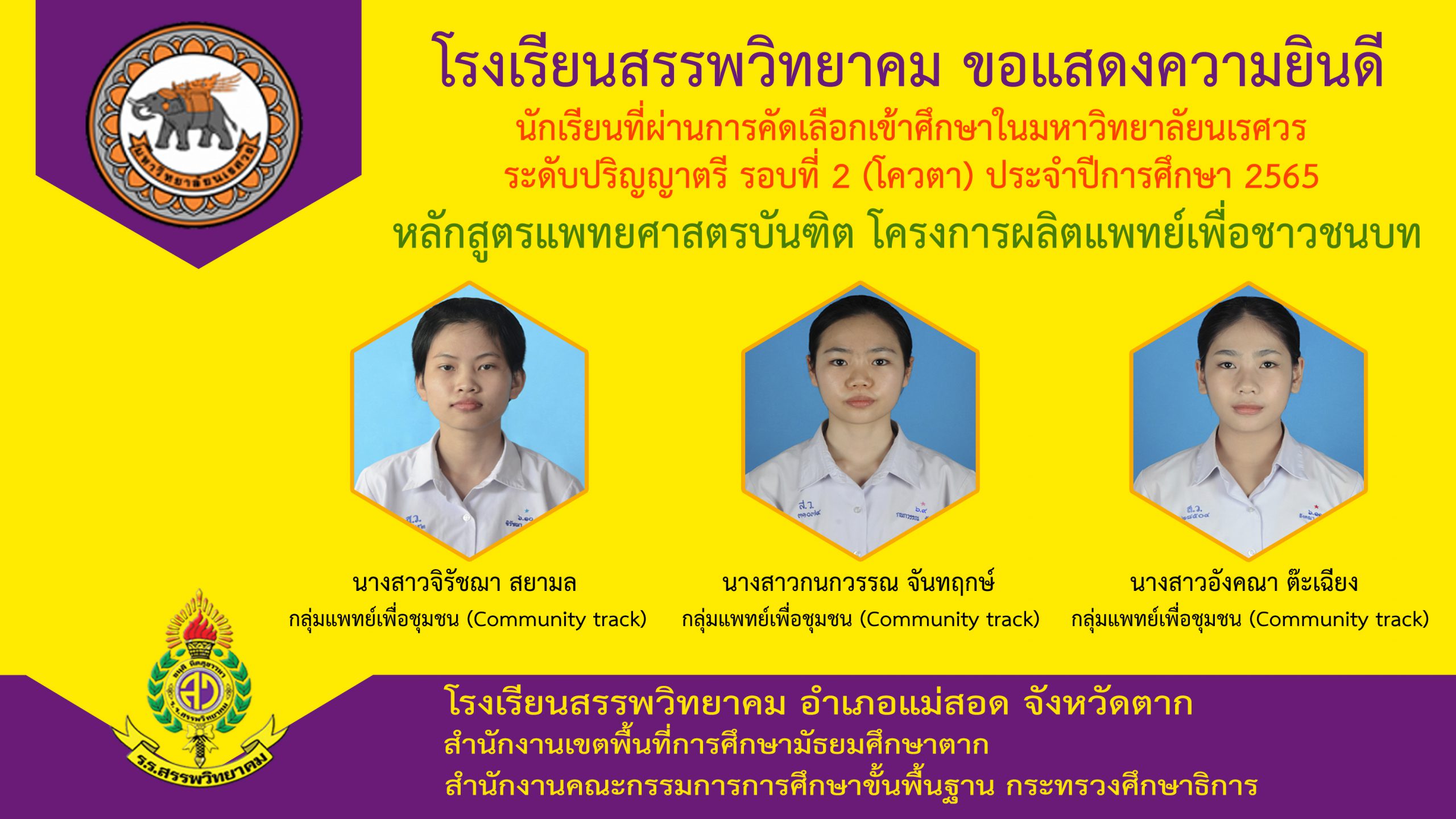 ผลการคัดเลือกนักเรียนเข้าศึกษาในมหาวิทยาลัยนเรศวร ระดับปริญญาตรี รอบที่ 2 (โควตา) หลักสูตรแพทยศาสตรบัณฑิต โครงการผลิตแพทย์เพื่อชาวชนบท