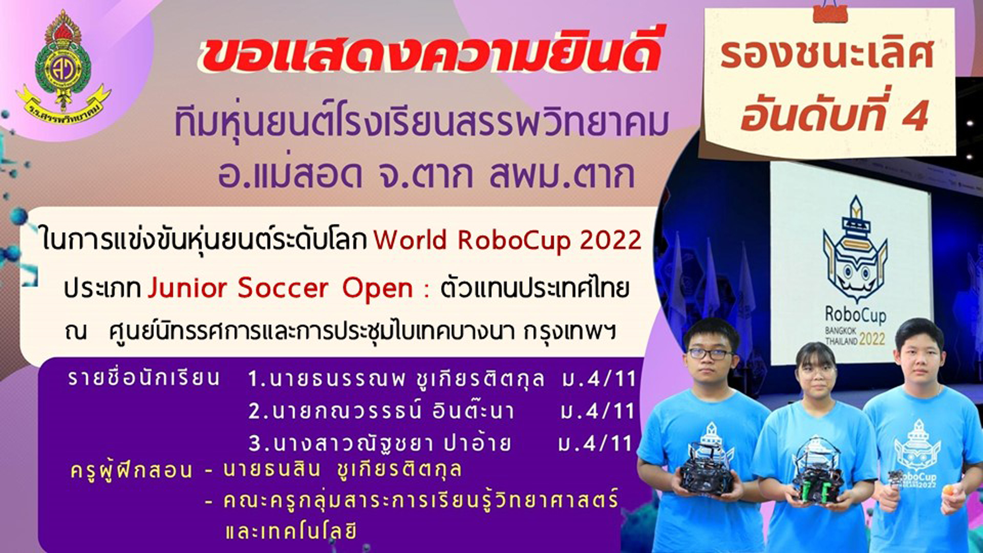 โรงเรียนสรรพวิทยาคม เข้าร่วมการแข่งขันหุ่นยนต์ระดับโลก World RoboCup ๒๐๒๒